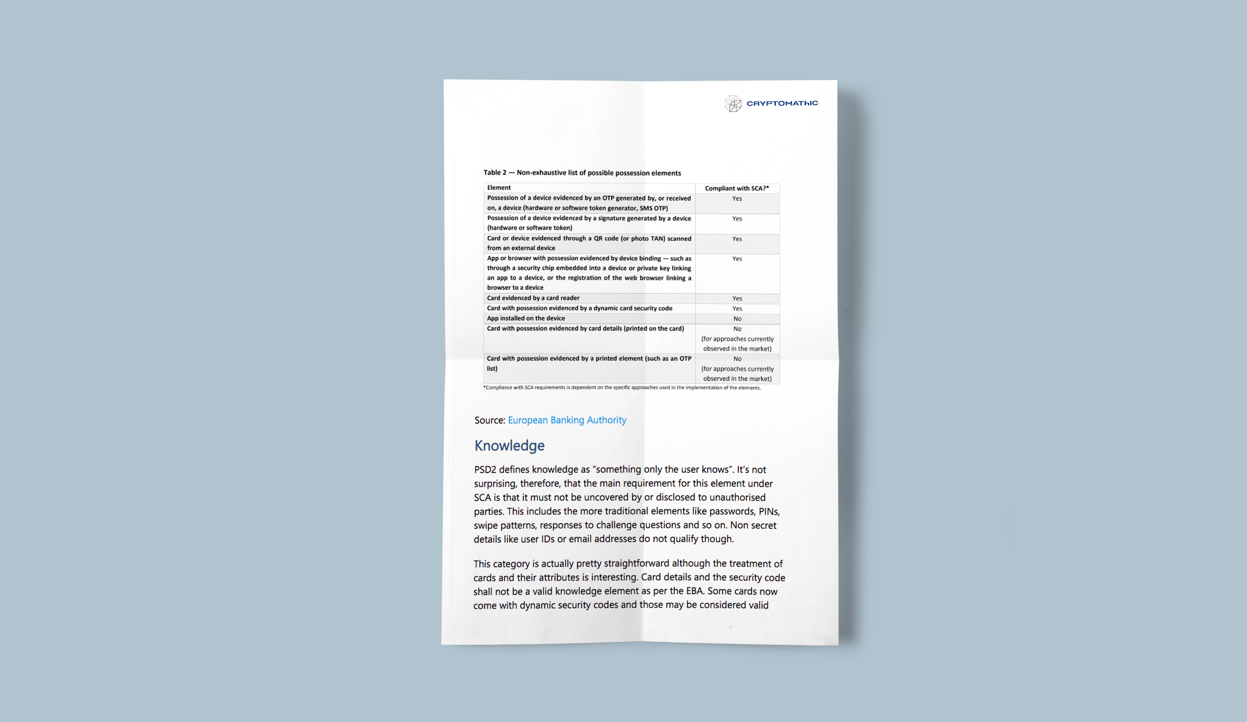 EBA’s opinion on elements of Strong Customer Authentication under PSD2 – Part 2 – Possession and Knowledge