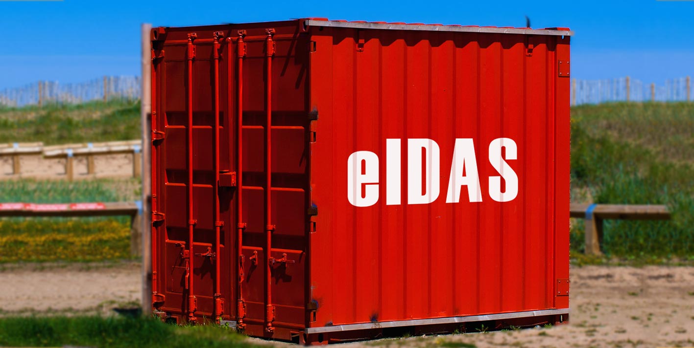 A large red shipping container with eIDAS printed on the side, representing an Associated Signature Container