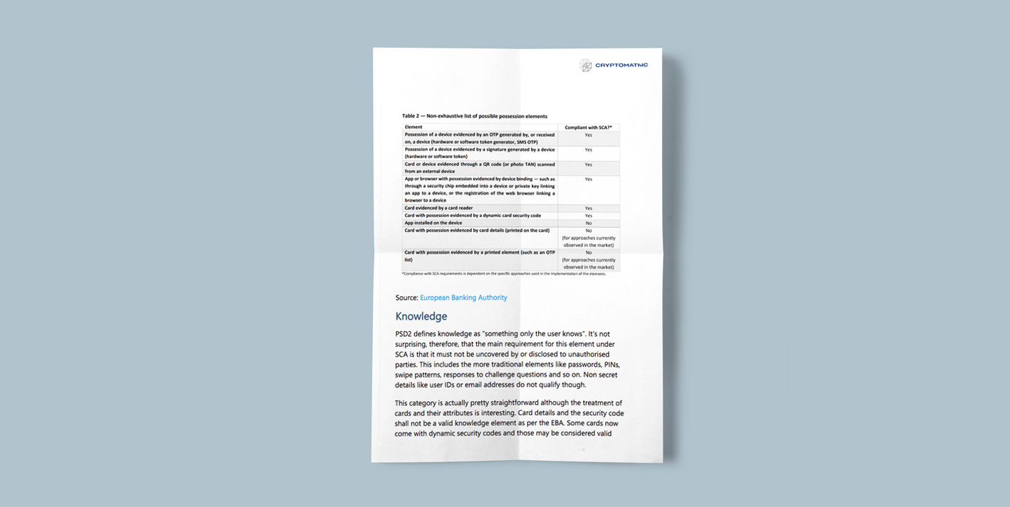EBA on PSD2 Customer Authentication: Possession & Knowledge